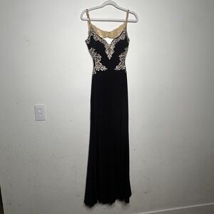 Cachet Womens Black Maxi Jersey Embroidered Bodice Dress Open Back Gold 0Petite